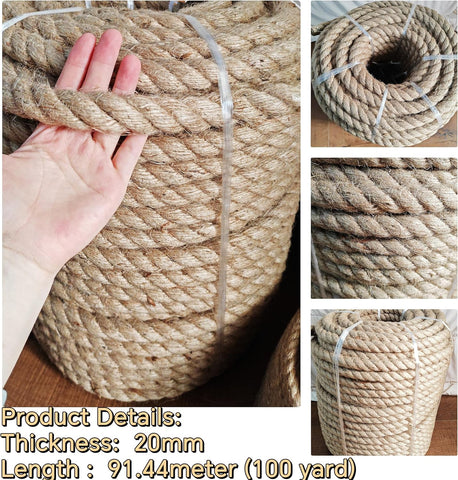 Strong Hemp 20mm x 91.4 mm  Twine Cord for DIY Crafts, Decoration, Gift Wrapping, Garden, Boating, Hanging and Packing and Pets - Eco-Friendly, Durable Utility Rope (4mm To 32mm)