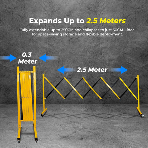Olmecs Expandable Metal Barrier 2.5Meter – Yellow Steel Folding Security Barrier with Lockable Wheels – Portable Fence for Traffic Control,