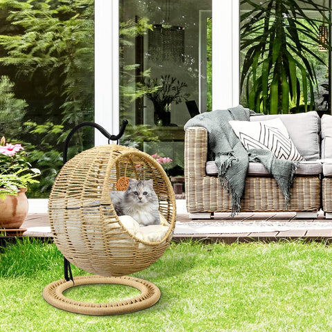 Wicker Cat Bed Indoors & Outdoors, Hand Made Cat Swing Bed with Removable Cushion