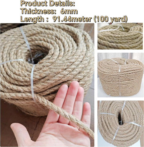 Strong Hemp 6mm x 91.4 mm  Twine Cord for DIY Crafts, Decoration, Gift Wrapping, Garden, Boating, Hanging and Packing and Pets - Eco-Friendly, Durable Utility Rope (4mm To 32mm)