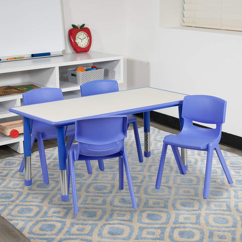 Rectangular Blue Plastic Height Adjustable Activity Table Set with 4 Chairs for Kids Ages 2-6