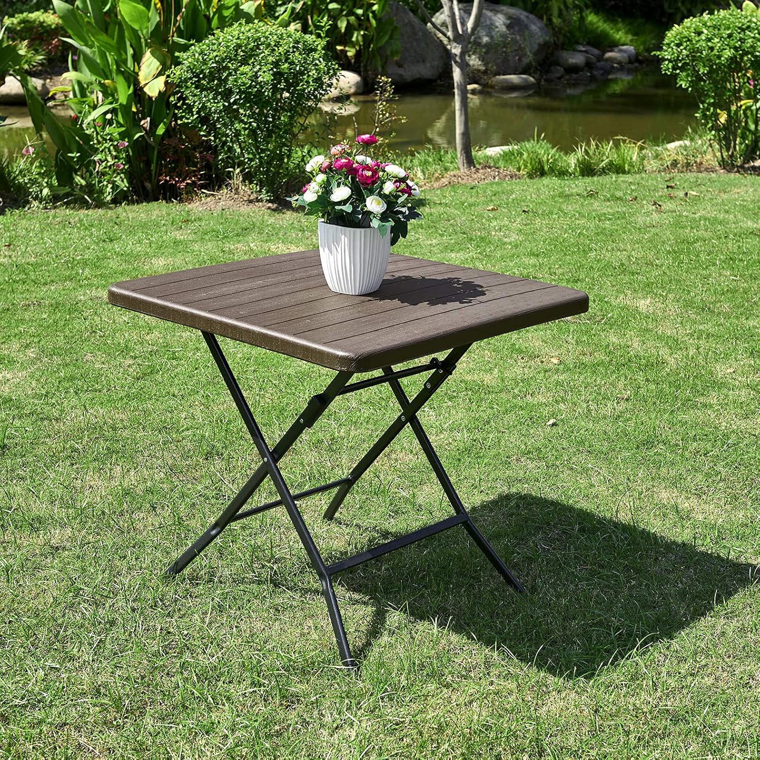 Olmecs Portable Plastic Folding Table Wood Design 62x62cm for 2-4 person (brown4)