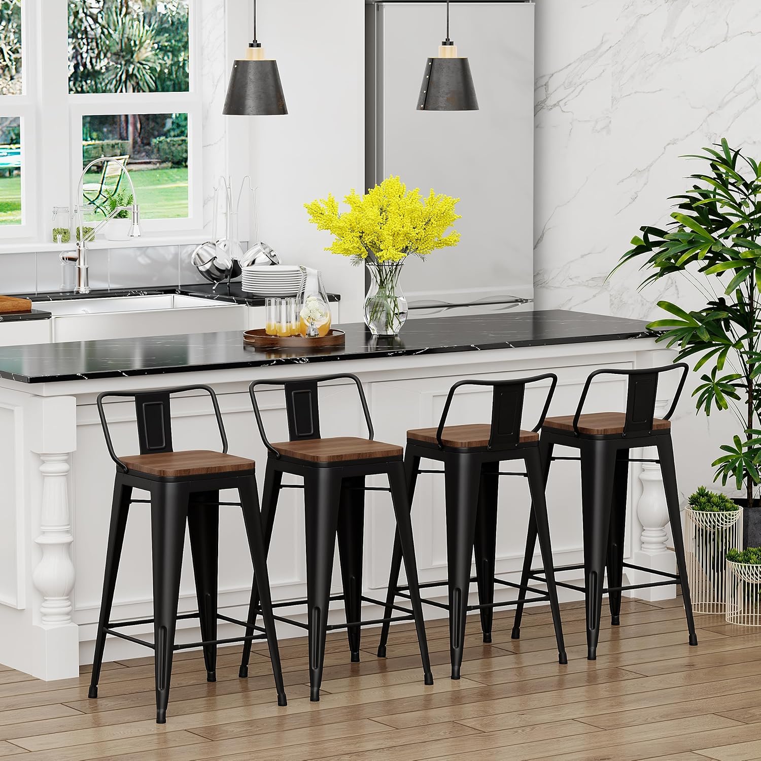 Olmecs Metal Bar Chair With Back Support High, Black Walnut Wood High Chair