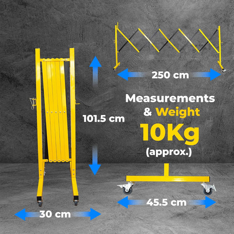 Olmecs Expandable Metal Barrier 2.5Meter – Yellow Steel Folding Security Barrier with Lockable Wheels – Portable Fence for Traffic Control,
