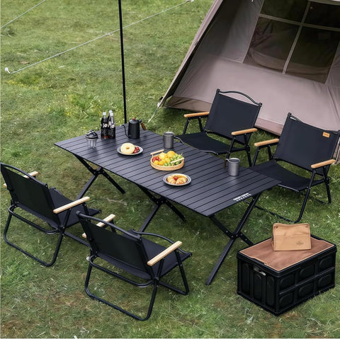 Folding Aluminum 150CM Camping Table & 4Pcs Chair – Roll-Up Table, Portable Lightweight Grill Table for Outdoor