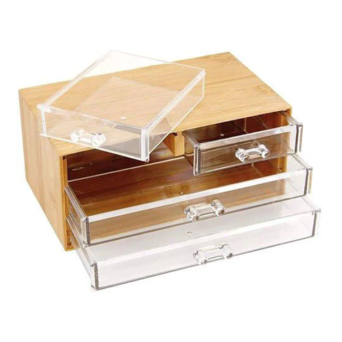 Olmecs Bamboo & Acrylic Finishing Cosmetic Storage Box, 4 Tier