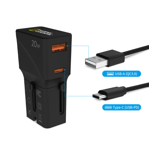 National Geographic Travel Slim Adapter Fast charging with up to 20W output - Black