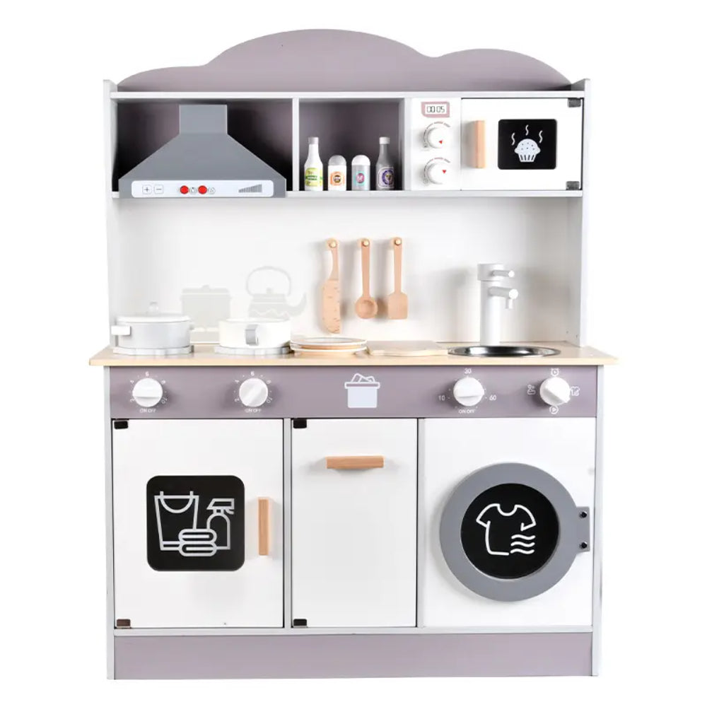 Little Angel Wooden Play Kitchen Toy Set with Realistic Design Oven Sink Microwave Washing Machine Range Hood
