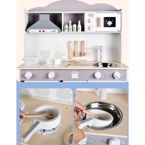 Little Angel Wooden Play Kitchen Toy Set with Realistic Design Oven Sink Microwave Washing Machine Range Hood