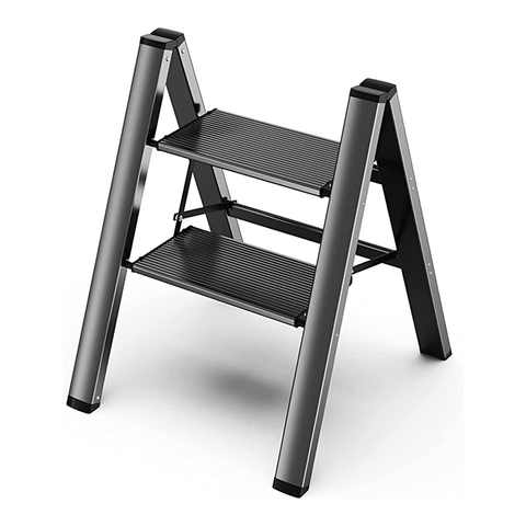 Olmecs 2 Step Ladder Aluminum Folding Step, Stool with Anti-Slip Sturdy and Wide Pedal