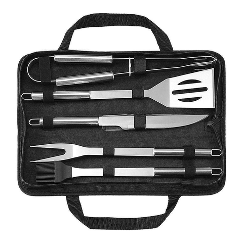 Olmecs Stainless-Steel BBQ Grill Tool Set with Knife Brush Fork Spatula and Tong with Oxford Bag (5 Pieces)