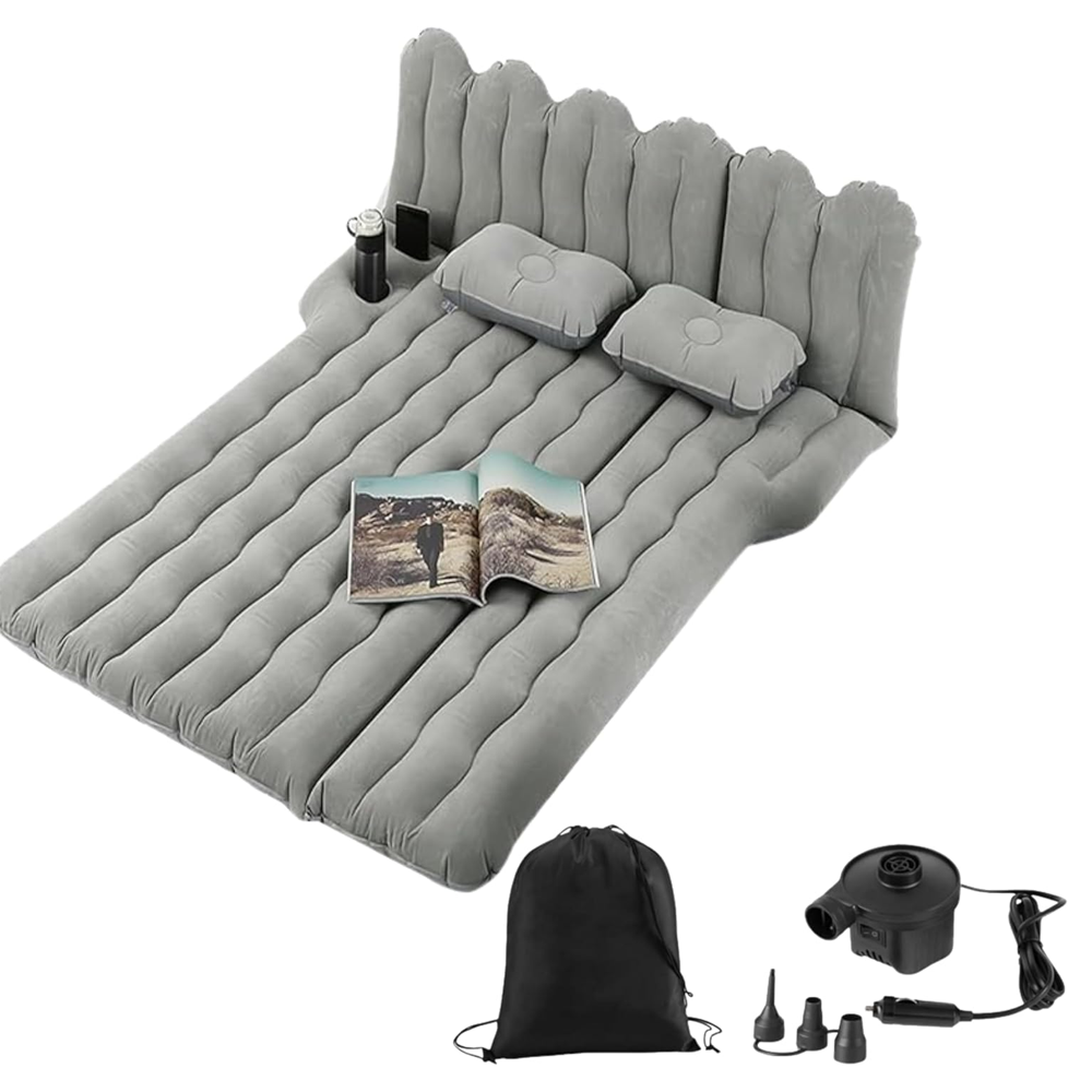 Inflatable Car Air Mattress with Back Seat Support & Pump Black– Ideal for Road Trips, Camping, and Travel Comfort (Grey)