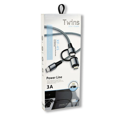 TWINS 2 in 1 Cable - XF-45 / 3A USB-C / Type-C to USB-C / Type-C + 8 Pin Fast Charging Braided Data Cable, 1 .00 mtr