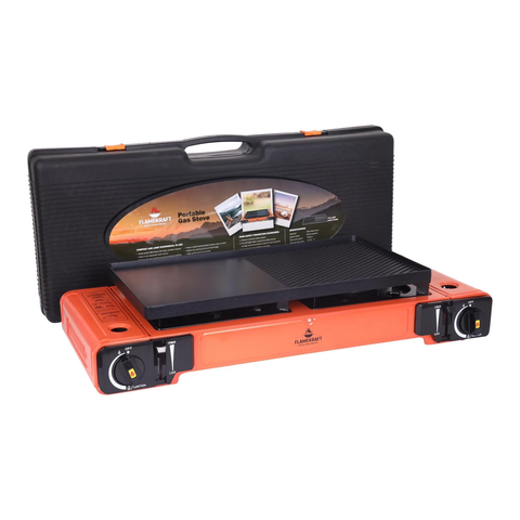 Procamp FlameKraft | Double Burner Camping Stove with Non-Stick Cast Aluminum Griddle