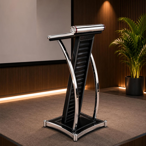 Olmecs Wooden Podium with Stainless Steel Lining Conference Rostrum Stand, Maple Brown with Silver
