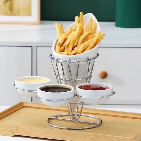 French Fries Holder With 3 Dip Dishes And Metal Stand - Olmecs