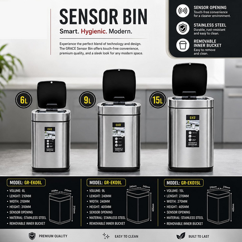 EKO Automatic Sensor Bin 6L/9L Kitchen Trash Can Garbage Can Stainless Steel Touch Free Trash Can with Lid