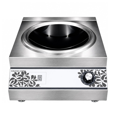Olmecs Commercial Induction Cooker Flat Base & Curve Base for Wok Vessels Stainless Steel 220V 5000W with 8 Power Level Setting
