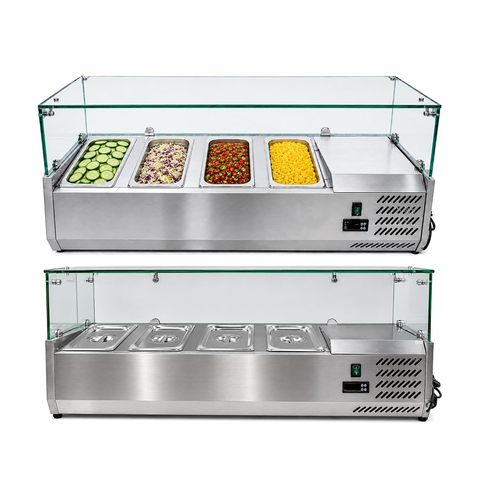 Olmecs Commercial Refrigerated Salad Bar Display Counter – Stainless Steel Prep Top Chiller with Glass Cover for Restaurants,
