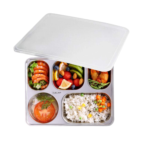 Stainless Steel Divided Plates with Lid for Adults Divided Dinner Tray 5 sections