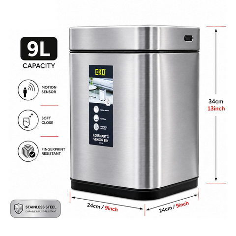 EKO Automatic Sensor Bin 6L/9L Kitchen Trash Can Garbage Can Stainless Steel Touch Free Trash Can with Lid