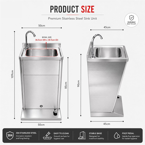 Olmecs Foot Operated Stainless Steel Handwash Sink Handsfree Wallmounted with Faucet (50x45x85cm)