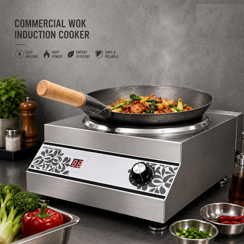 Olmecs Commercial Induction Cooker Flat Base & Curve Base for Wok Vessels Stainless Steel 220V 5000W with 8 Power Level Setting