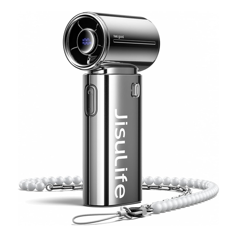 JISULIFE Handheld Fan Life9S - Sleek Chrome: Turbo Power, 22 Hours Cooling | LED Display, 5000mAh
