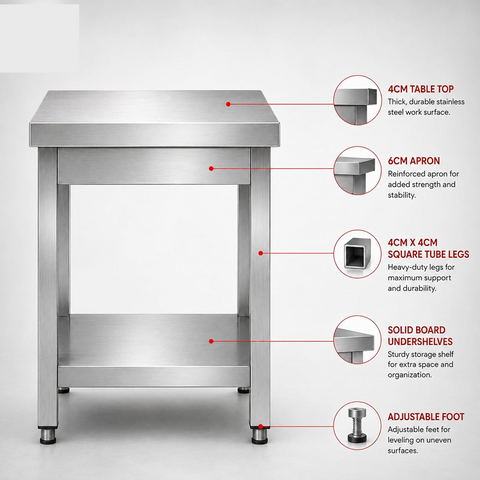 Olmecs Stainless Steel Table for Prep & Work Commercial Heavy Duty Table with Undershelf for Restaurant  (60x70x85 Cm)