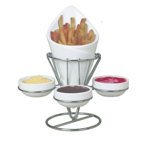 French Fries Holder With 3 Dip Dishes And Metal Stand - Olmecs