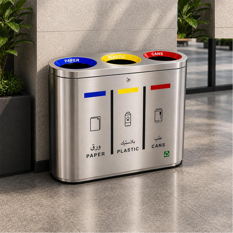 Olmecs Commercial 120L Stainless Steel 3-Compartment Recycling Bin