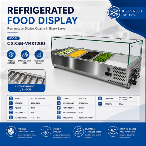 Olmecs Commercial Refrigerated Salad Bar Display Counter – Stainless Steel Prep Top Chiller with Glass Cover for Restaurants,