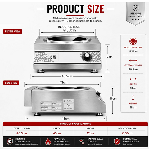 Olmecs Commercial Induction Cooker Flat Base & Curve Base for Wok Vessels Stainless Steel 220V 5000W with 8 Power Level Setting