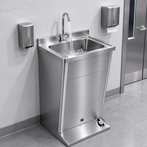 Olmecs Foot Operated Stainless Steel Handwash Sink Handsfree Wallmounted with Faucet (50x45x85cm)