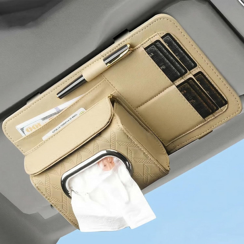 Car Sun Visor Organizer with Tissue Holder – PU Leather Visor Storage Organizer with Card Slots, Pen Holder & Document Pocket