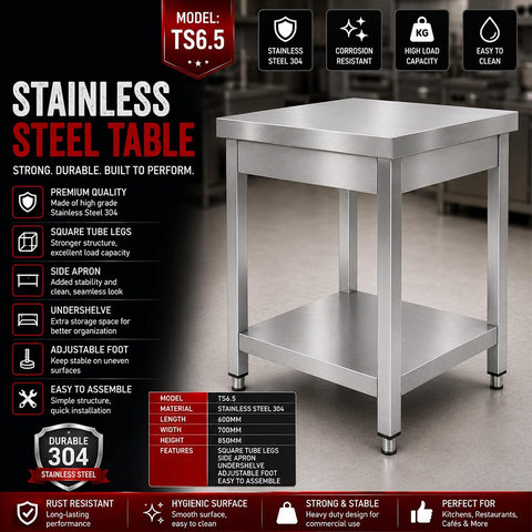 Olmecs Stainless Steel Table for Prep & Work Commercial Heavy Duty Table with Undershelf for Restaurant  (60x70x85 Cm)