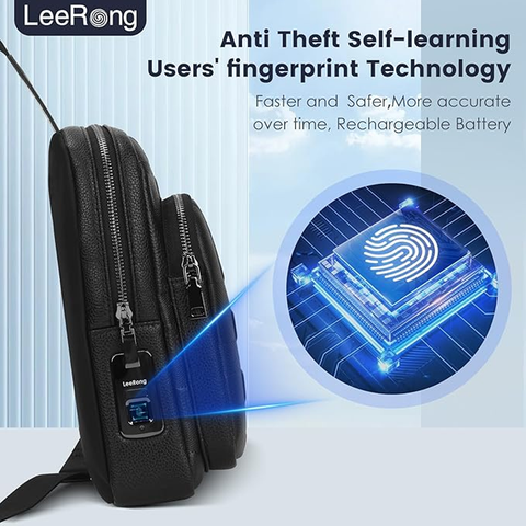 LeeRong Fingerprint Unlock Anti Theft Proof Crossbody Bag Men for Travel Genuine Leather Purse