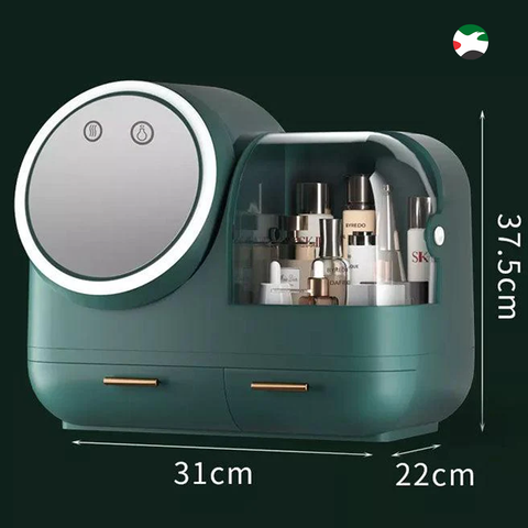 Cosmetic Storage Box, Dustproof Makeup Organizer Holder, with Drawers, Fan and 360° Rotating Adjustable Lighted Makeup Mirror