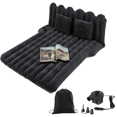 Inflatable Car Air Mattress with Back Seat Support & Pump Black– Ideal for Road Trips, Camping, and Travel Comfort (Grey)