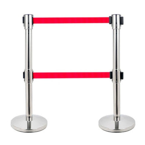 Double Layer Belt Stanchion Queue Rope Barrier with Retractable Belt Polished Stainless Steel (Size:2m,Color:Silver)