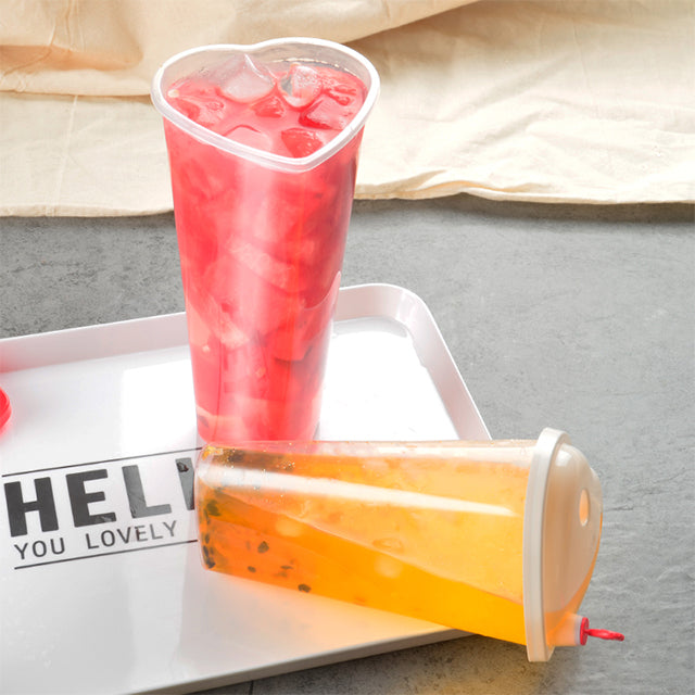 500 Pcs Transparent PP Disposable Plastic Juice Bubble Tea Boba Cup with Lids Heart Shape 500CC