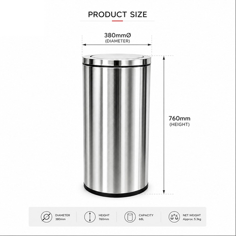 Olmecs 60L Flip-Top Waste Bin With Swing Lid and PVC Inner Bucket, Garbage Bin, Trashcan, Waste Container, Steel Dustbin