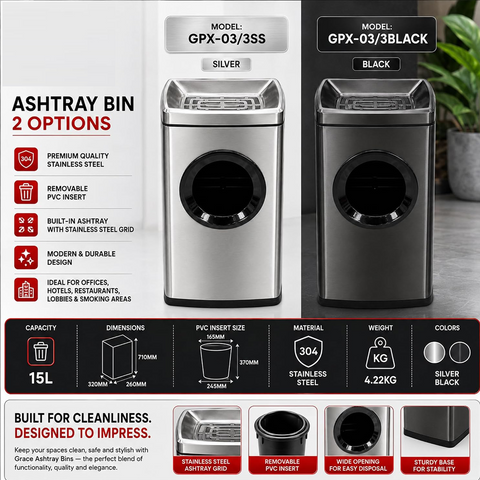Olmecs Commercial Stainless Steel Ashtray Trash Bin 15L Freestanding
