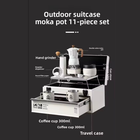 Bincoo Outdoor Double Layer Suitcase Coffee Set with Grinder, Kettle, and Cups - 11 Pieces