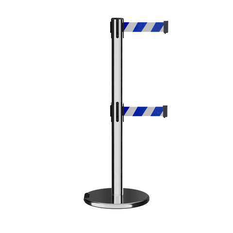 Double Layer Belt Stanchion Queue Rope Barrier with Retractable Belt Polished Stainless Steel (Size:2m,Color:Silver)