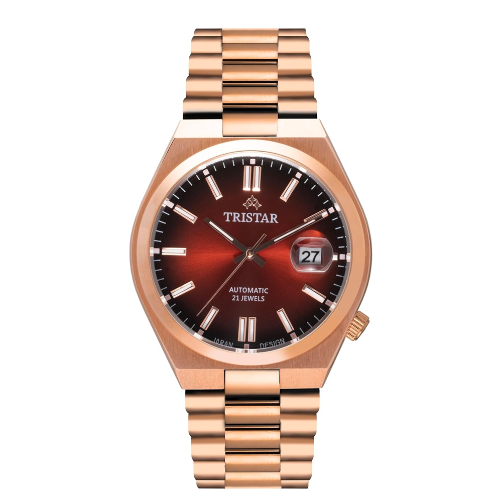 Tristar NJ Series Men's Automatic Watch Scarlet Red Index Dial Rose Gold Bracelet Wrist Watch for Men