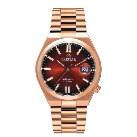 Tristar NJ Series Men's Automatic Watch Scarlet Red Index Dial Rose Gold Bracelet Wrist Watch for Men