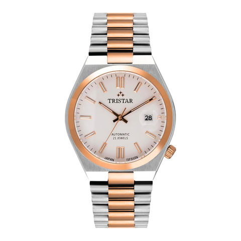 Tristar NJ Series Men's Automatic Watch White Index Dial 2 Tone Rose Bracelet Wrist Watch for Men