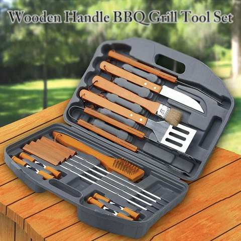 19 PCS Wooden Handle Barbecue Tool Sets Multi-functional Outdoor BBQ Grill Barbecue Accessories