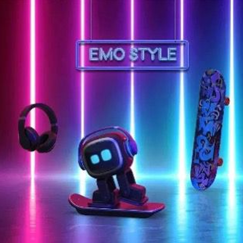 EMO AI desktop pet, black color with blue lights on eyes